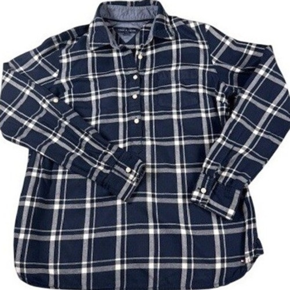 Tommy Hilfiger Flannel‎ Shirt Womens S Navy Blue Plaid Roll Tab Sleeve Cotton